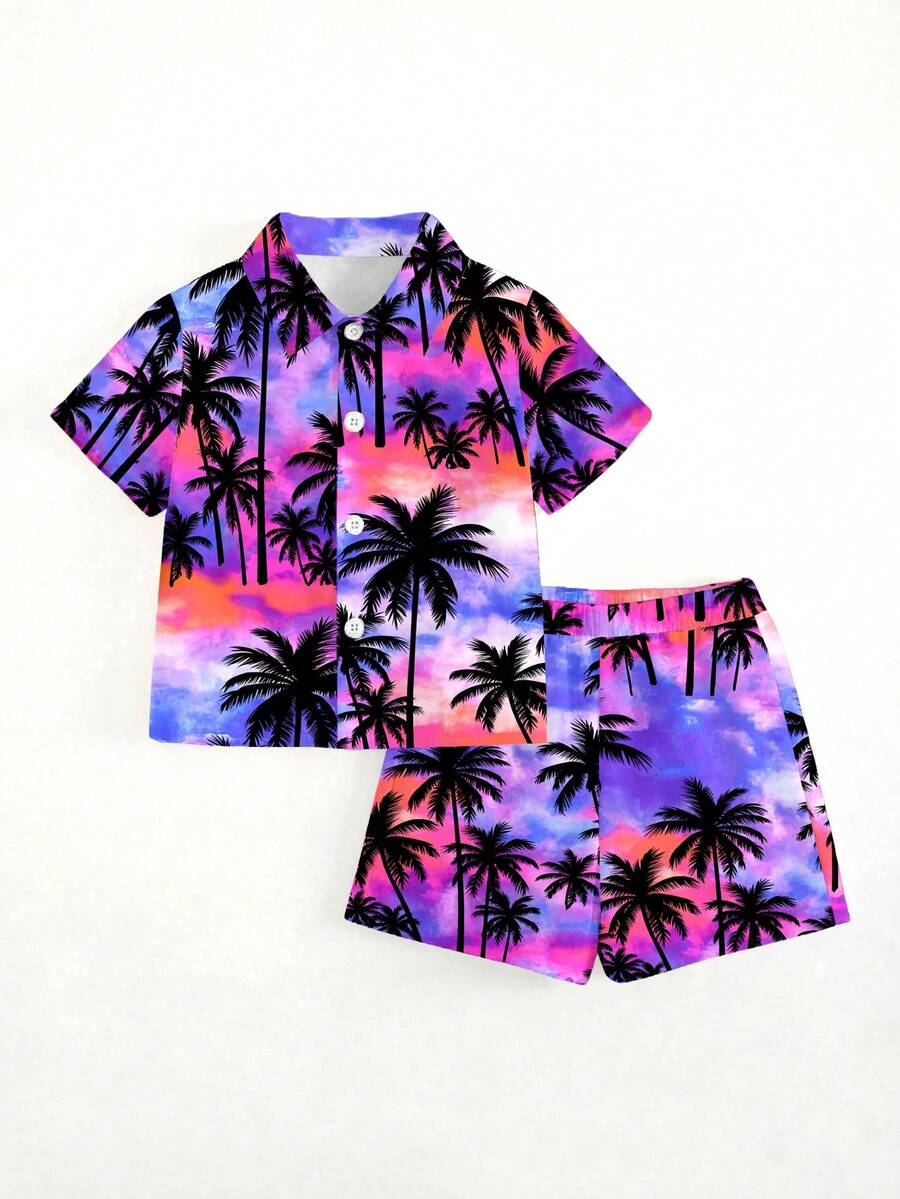 SHEIN Conjunto de shorts de praia e camisa de manga curta para menino, estilo casual minimalista com estampa de plantas tropicais. - Multicolorido - Ver 1