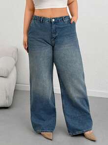 Plus High Waist Wide Leg Jeans - Medium Wash - View 5