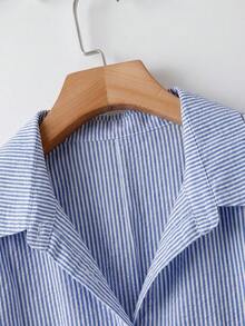 SHEIN CURVE+ Plus-Size Women's Spring/Summer Fashion Casual Loose Comfortable Everyday Basic Versatile Slimming Blue Button Long-Sleeved Shirt With Back Slit,Spring Outfits,Women Blouse,Simple Style,Work Tops,Striped Shirt - Blue - View 5