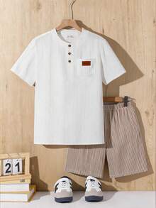 SHEIN Conjunto de 2 piezas para adolescente chico, camisa de manga corta texturizada y shorts casuales versátiles, conjunto corto negro para niños - Multicolor - Ver 8