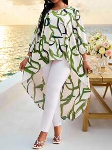 SHEIN Lady 春夏优雅通勤办公休闲波西米亚风彩色编织圆领高低袖七分袖大码T恤 大码衬衫 - 彩色 - 查看 5