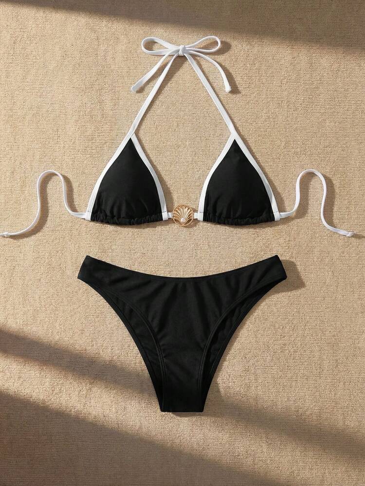 Women's Summer Beach Contrast Color Halter Sexy Bikini Swimsuit Set