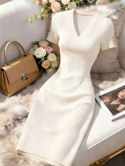 GlowEve Women's Solid Color V-Neck Short Sleeve Button Design Suitable For Elegant Mini Dress