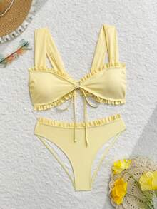 Swim Mod Conjunto de bikini de 2 piezas con estampado floral aleatorio y tirantes halter para señoritas jóvenes - Amarillo claro - Ver 4