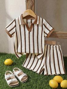 SHEIN Vintaside Kids Conjunto de bebé niño de verano con camisa de manga corta con cuello a rayas y pantalones cortos simples y versátiles, adecuado para salidas de verano, vacaciones o paseos diarios por el parque - Albaricoque - Ver 8