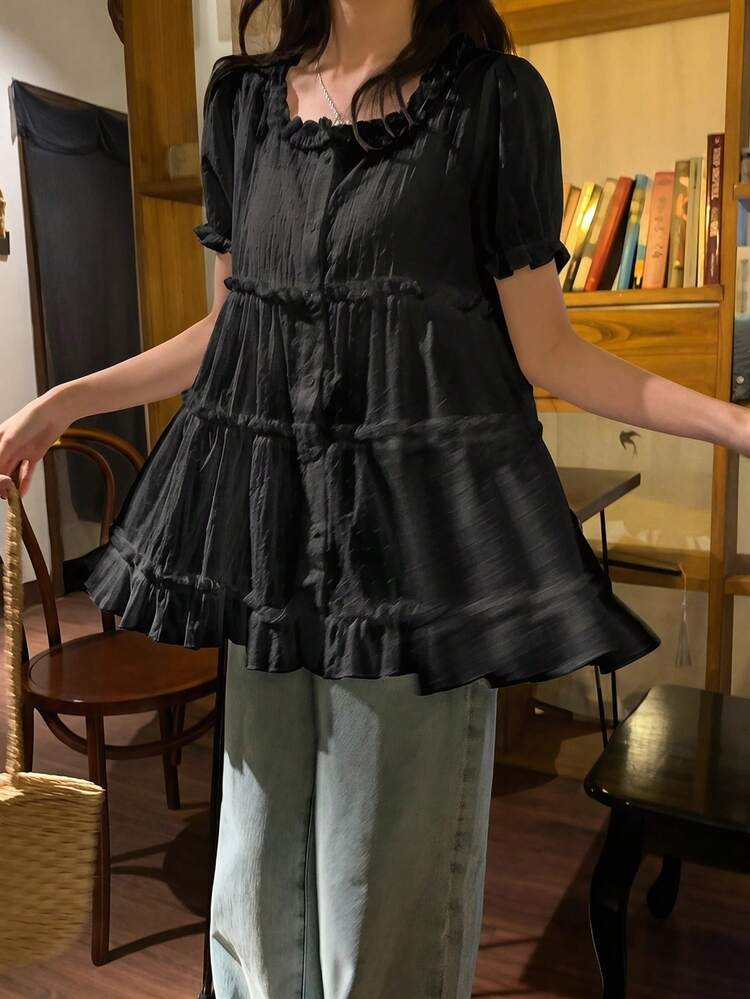 Women's White Square Collar Ruffle Trim Loose Casual Blouse With Puff Sleeves, Flattering