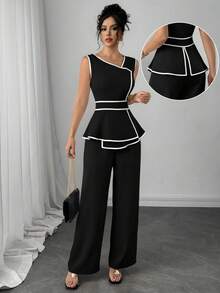 Modelyn Bộ jumpsuit không tay với đường viền tương phản và gấu áo bất đối xứng dành cho nữ. - màu đen - Xem 3