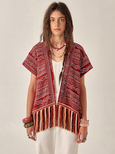 Florisole Áo khoác cardigan kiểu Bohemian in họa tiết Paisley viền tua rua, áo sơ mi ngắn tay nhẹ nhàng cho kỳ nghỉ hè.