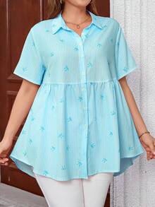 EMERY ROSE Áo sơ mi dáng rộng tay ngắn raglan dáng suông kẻ sọc in nơ, cỡ lớn. - Màu xanh bạc hà - Xem 4