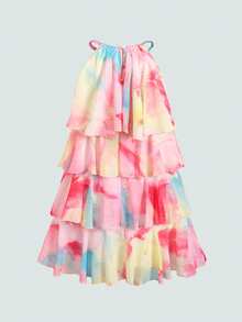 SHEIN Tween Girl Casual Daily Versatile Comfortable Halter Neck Floral Print Dress Tween Girl - Apricot - View 3