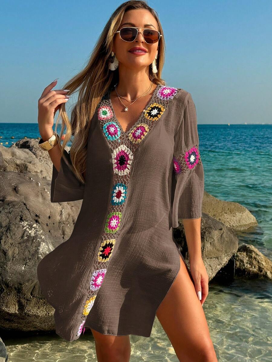 Swim Lushoire Women's V-Neck 3/4 Sleeve Crochet Floral Random Color Loose Side Slit Beach Cover Up Dress - Coffee Brown - View 1