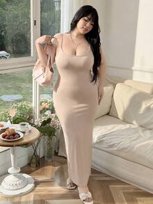 SHEIN EZwear Plus Size Khaki Long Strap Dress, Spring - Khaki - View 3