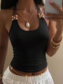 Livesso Women's Beaded Halter Neck Backless Casual Summer Top - Black - View 3