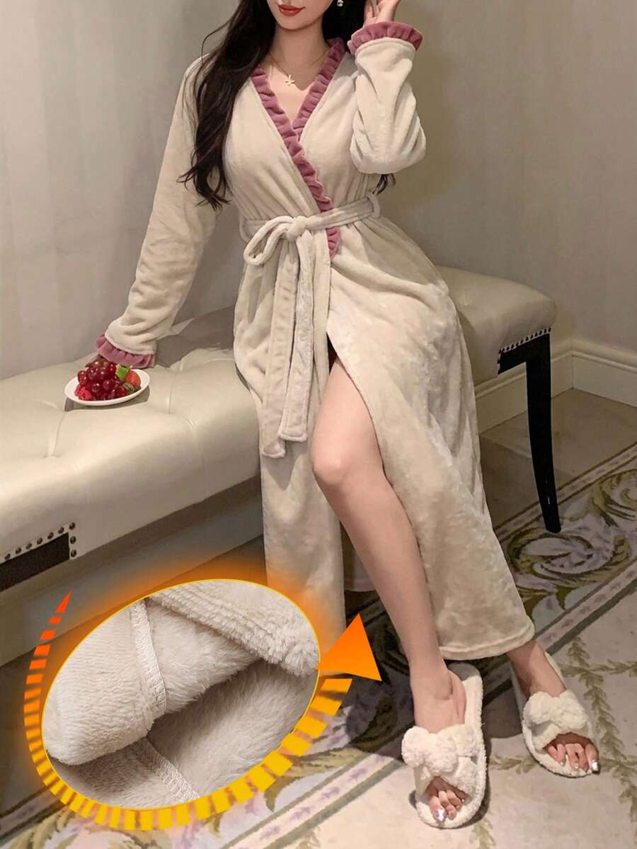 DAZY Plush Contrast Color Ruffle Trim Women Sleepwear Robe, Winter Pajamas - Beige - View 1