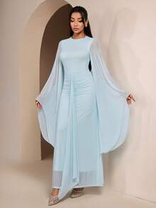 Veilorie Women's Elegant Pleated Drape Dress, Suitable For Dates And Formal Occasions - Blue - View 2