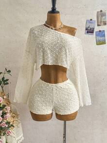 SHEIN WYWH Bộ 2 món áo croptop tay dài lệch vai và quần short dành cho nữ. - Màu be - Xem 6