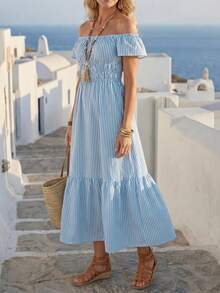 SHEIN Holidaya Đầm nữ mùa hè kẻ sọc, trễ vai, thắt eo, xếp ly, thích hợp cho kỳ nghỉ biển. - Xanh và trắng - Xem 4