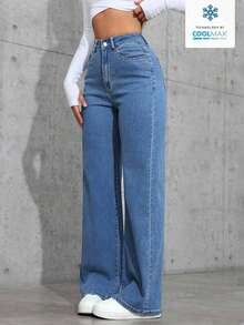 SHEIN ICON 纯色斜插口袋休闲直筒牛仔裤 - 中等水洗藍 - 查看 3