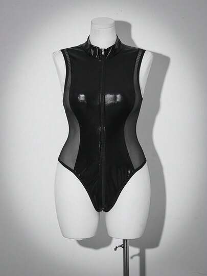 Lencería sexy de talla grande, parche de cremallera negra de PU y malla, cuello alto, estilizante, mono encantador y personalizado