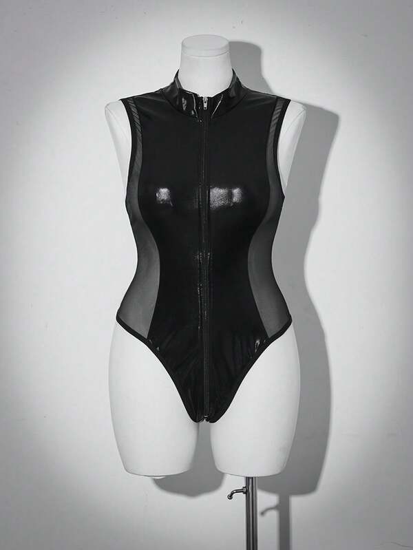 Đồ lót gợi cảm cỡ lớn, màu đen, khóa kéo, chất liệu PU và lưới, cổ đứng, tôn dáng, bộ jumpsuit quyến rũ cá tính.