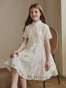 Anewsta Vestido de línea A con cuello de encaje estilo chino elegante nuevo para niñas, con decoración de botones, manga corta, adecuado para fiestas de cumpleaños, uso diario y otras ocasiones refinadas en primavera/verano - Albaricoque - Ver 4