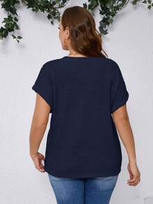 SHEIN Clasi Plus Size Summer Minimalist Solid Color Textured Batwing Sleeve T-Shirt - Navy Blue - View 2