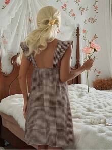 SHEIN Retro Brown Plaid Square Collar Cap Sleeve Women Nightgown - Brown - View 2
