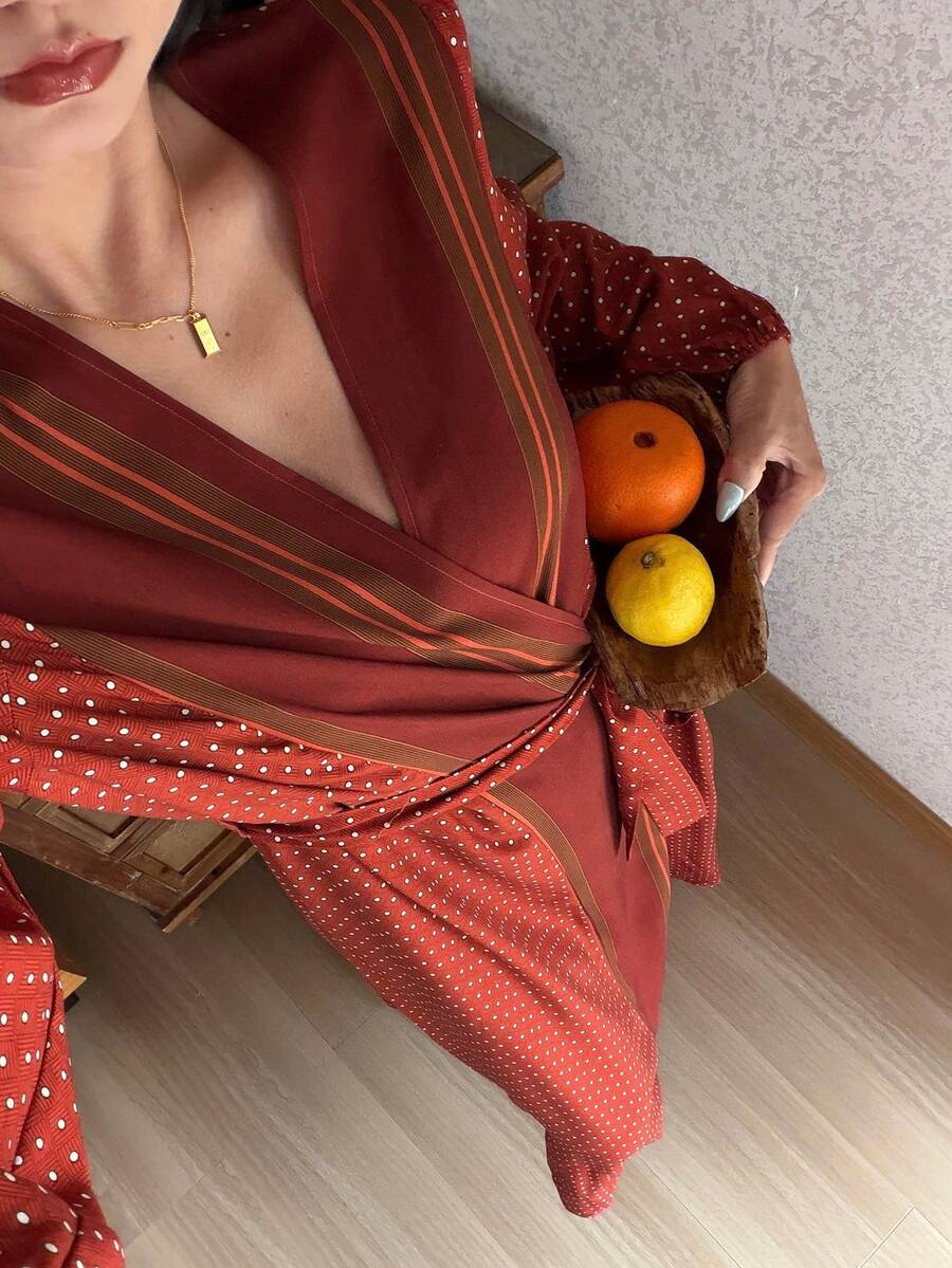 DAZY 女士波点条纹拼接印花浴袍 - 紅色 - 查看 1