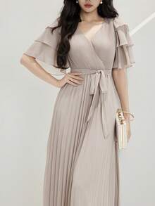 Heiryn Women's Elegant Pleated Tie-Waist Ruffle Sleeve Dress - Coffee - View 3