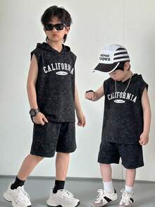 2pcs Kids Tween Boys Comfortable Casual Street Fashion Letter Graphic Hooded Sleeveless Tank Top Tee And Shorts Set, Suitable For Indoor, Outdoor, Daily, Sports, Play, Party, Photo, Holiday, Spring/Summer - Grey - View 4