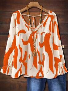 EMERY ROSE Plus Size Women V-Neck Back Tie Full Print Long Sleeve Autumn Blouse - Orange - View 1