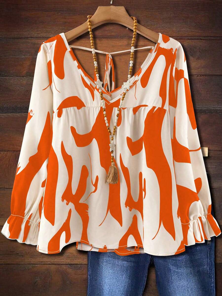 EMERY ROSE Plus Size Women V-Neck Back Tie Full Print Long Sleeve Autumn Blouse - Orange - View 1