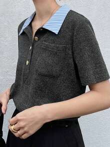 FRIFUL Women's Polo Collar Fitted Metal Button Decor Short Sleeve T-Shirt, Summer - Black - View 2
