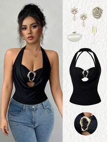 Elenzga Plus Size Women's Elegant Commuter Black Draped Neck Metal Ring Decor Hollow Pleated Waist Sexy Fitted Top, Spring/Summer - Black - View 1