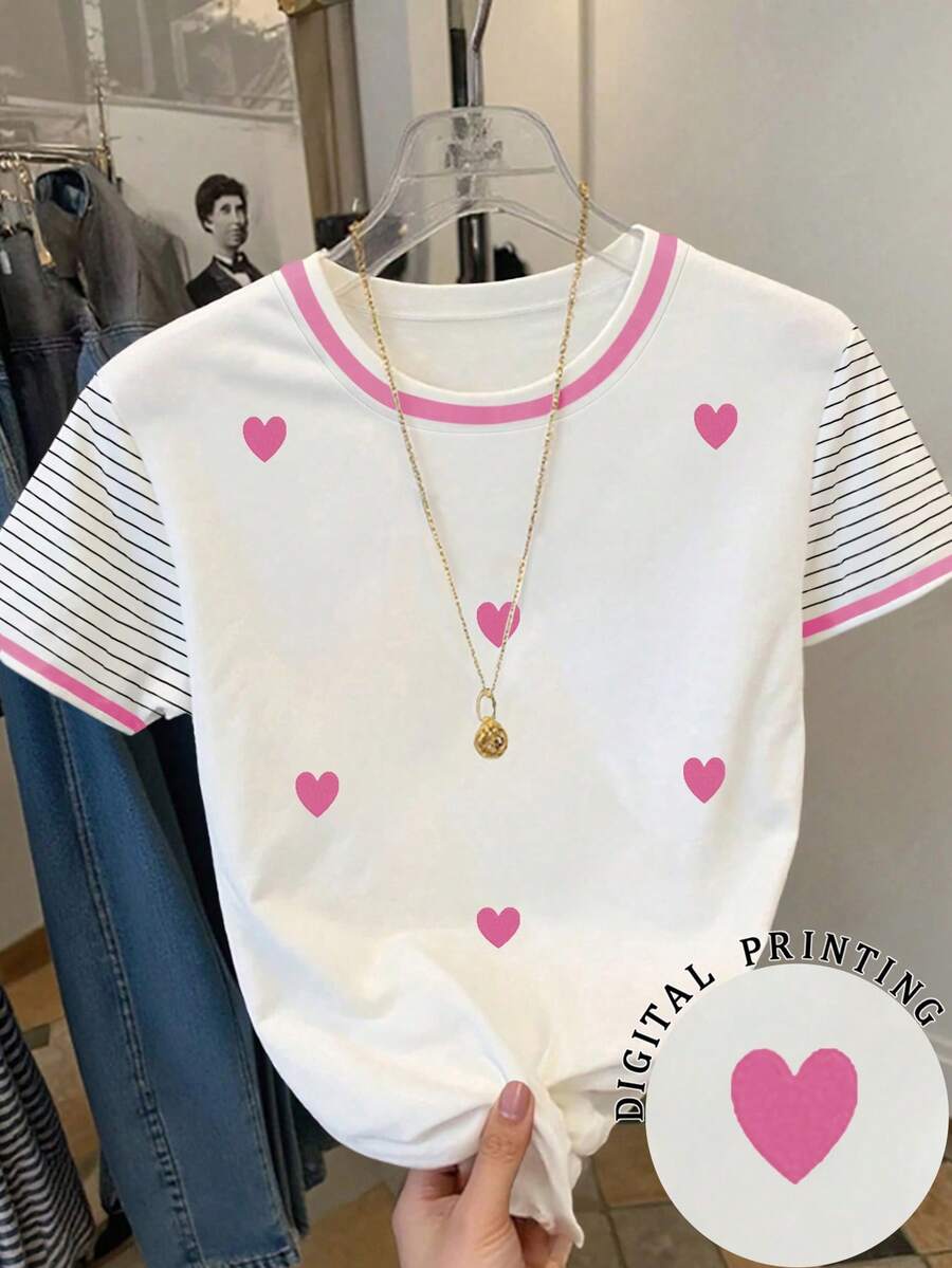 SHEIN 少女爱心印花宽松休闲撞色条纹圆领T恤可爱T恤可爱服装卡哇伊衬衫美学夏季衬衫女孩衬衫爱心 - 彩色 - 查看 1