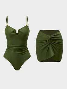 Swim Oasis 女士纯色褶皱连体泳衣，配同色罩裙，度假必备 - 軍綠色 - 查看 9