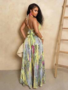 BamGleam Women's Zebra Print Color Block Hollow Out Tie-Up Dress, Suitable For Dates And Parties - Light Yellow - View 2