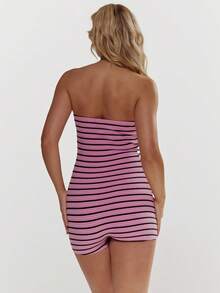 MUSERA Striped Fleece Towelling Fitted Strapless Bandeau Playsuit Spring Summer Cute Girly Holiday Vacation Beach Everyday Casual Sorbet - Hot Pink - View 2