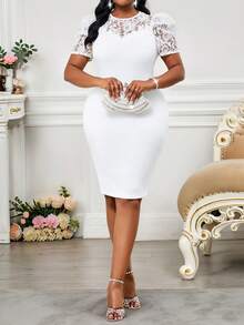Fleurora Spring Summer Elegant Commuter Office White Knit Neckline Pencil Ruffle Sleeves Contrast Lace Midi Short Plus Size Dresses Women Clothing - White - View 4