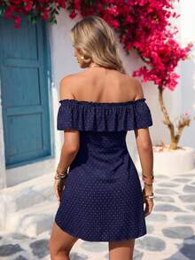 Vivid Eden Women's Casual Romantic Vacation Polka Dot Print Off Shoulder Dress, Spring/Summer,Dresses For Women Summer - Navy Blue - View 2