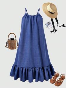 SHEIN Đầm bé gái màu xanh dương hai dây, viền bèo nhún, kiểu dáng thường ngày, thích hợp cho kỳ nghỉ xuân/hè. - Màu xanh lam - Xem 6