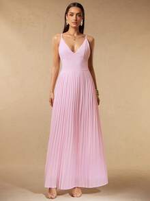 Silquee Light Pink Summer Elegant Wedding Ninang Women's V-Neck Chiffon-Trimmed Pleated A-Line Maxi Dress,Perfect For Banquet Party Or Evening Occasions - Baby Pink - View 3