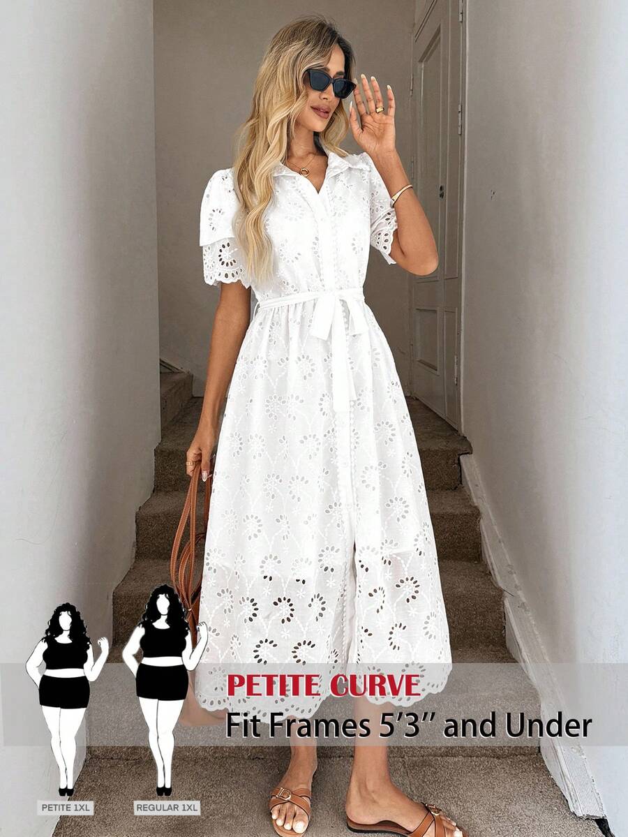 SHEIN PETITE CURVE Plus Size Women's Elegant Summer White Floral Lace Trim Dress,Embroidered Collar Cardigan Boho Vacation Holiday Outfits,Classy Tea Party Graduation - White - View 1