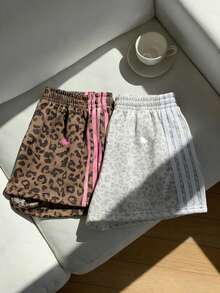 SHEIN PETITE CURVE Quần short dáng rộng, cạp chun, họa tiết da báo và sọc, kiểu dáng thường ngày. - Nhiều màu - Xem 6
