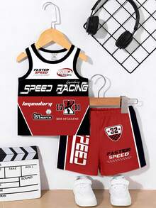 2pcs/Set Baby Boy Casual Chic Racing Car Logo Graphic Print Round Neck Tank Top And Matching Logo Shorts Set, Suitable For Summer Outings - Multicolor - View 5