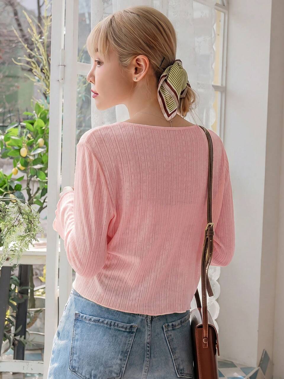 Solid Color V-Neck Casual Front Button Loose Long Sleeve T-Shirt