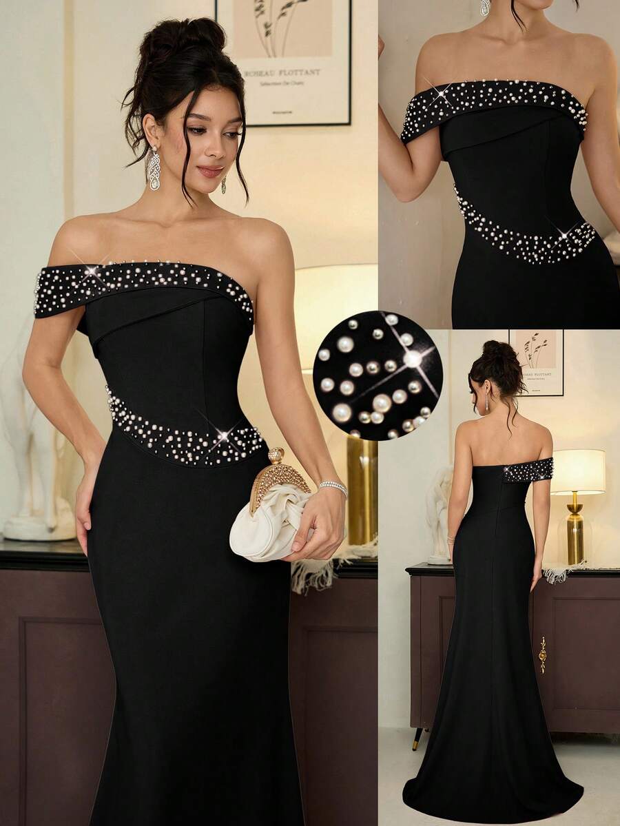 Poshira Women's Elegant Off-Shoulder Pearl Embellished Cocktail Party Dress - Black - View 1