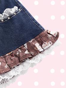 ROMWE Chân váy ngắn denim xếp ly ren in họa tiết món tráng miệng sô cô la Y2K dành cho nữ - Màu xanh hải quân - Xem 4