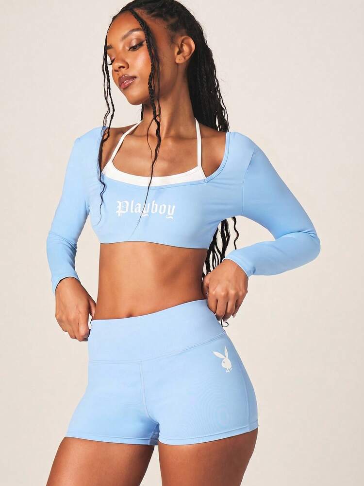 Missguided x Playboy Damen Set aus hellblauer Langarm Crop Top und High Rise Shorts, Zweiteiler für Sport