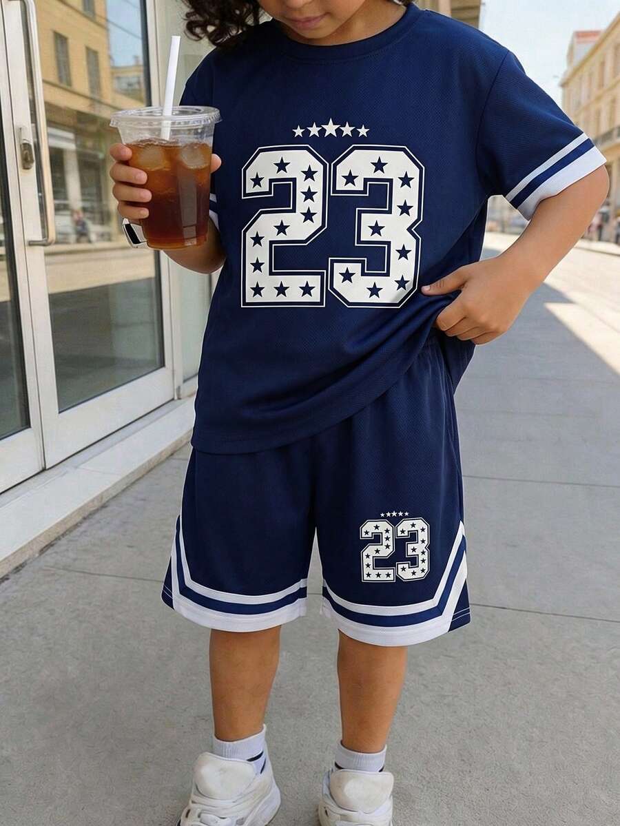 Coolqubz 2 piezas Conjunto de camiseta de manga corta y pantalones cortos de verano, tela de malla tejida con estampado numérico a rayas, estilo casual diario deportivo escolar, atuendo juvenil para uso al aire libre y en la ciudad - Azul Marino - Ver 1